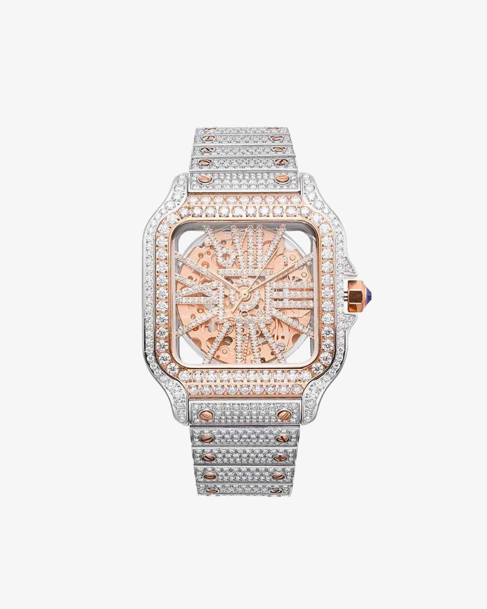 MOISSANITE SKELETON WATCH | 42MM | 14K ROSE GOLD | 14.1CT BUST DOWN