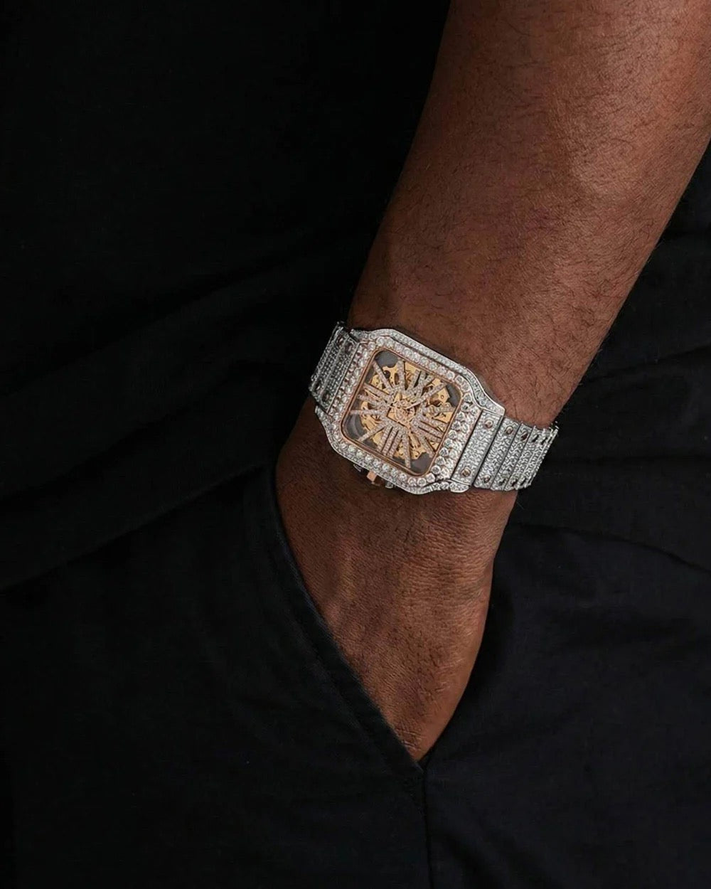 MOISSANITE SKELETON WATCH | 42MM | 14K ROSE GOLD | 14.1CT BUST DOWN